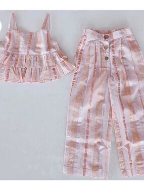 Yo Baby Pink Lurex Ruffle Top Pant Set Metallic Stripes Girls 6 Cotton Birthday